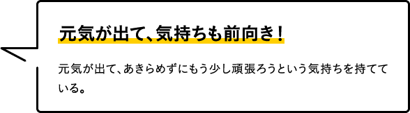 元気が出て、気持ちも前向き！
元気が出て、あきらめずにもう少し頑張ろうという気持ちを持てている。